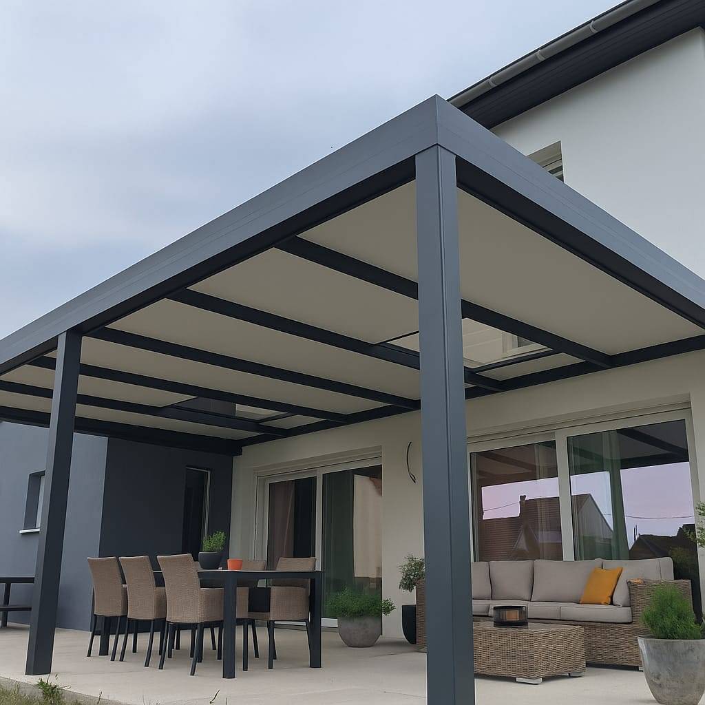 Fabricant de pergolas aluminium une réalisation toit plat de plus de 7 mètres près de Troyes dans l'Aube